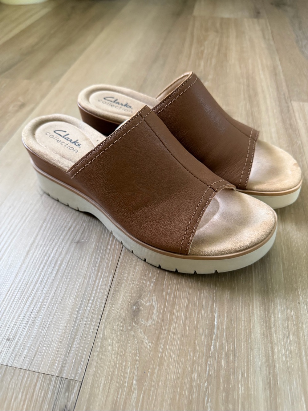 Clarks Brown Leather Wedge Mule Slides